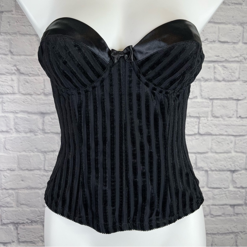 VTG Victoria’s Secret Black Striped Velvet Strapless Bustier Corset Top Bow 36B